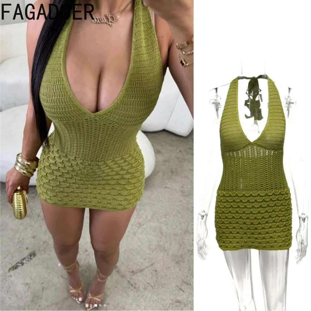 

FAGADOER Sexy Knitting Hollow-out Bodycon Mini Dresses Women Halter Deep V-neck See Through Dress Female Streetwear Vestidos