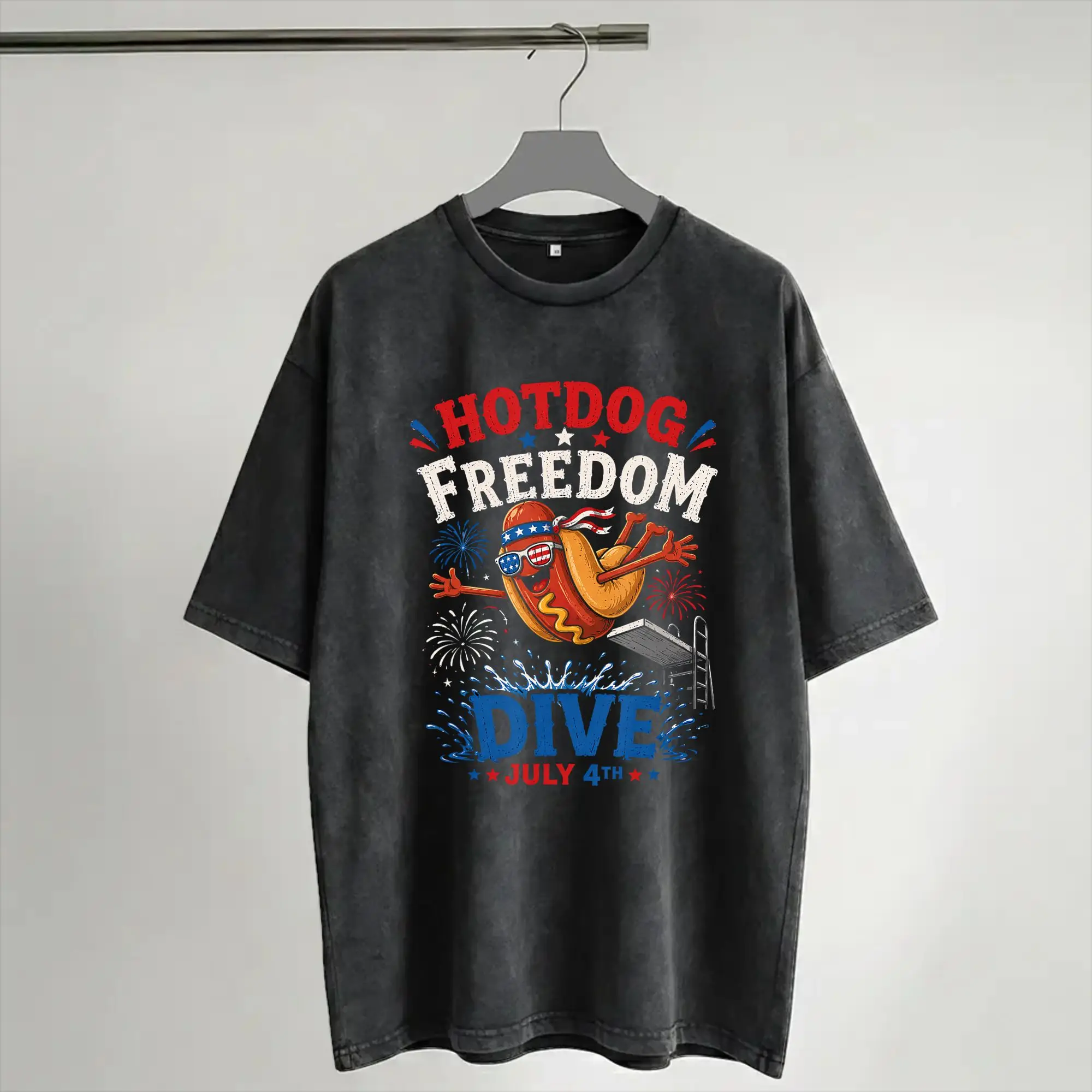 Hotdog Freedom Dive  T Shirts Hip Hop Washed Cotton Oversize T-Shirts  Vintage Men Women Streetwear Printed Tops Tees