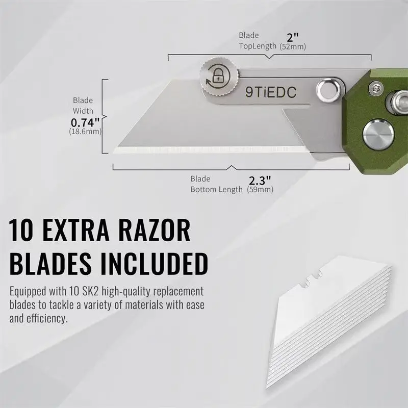 9TiEDC Green Aluminum Alloy Utility Knife Portable Outdoor Folding Wallpaper Knife EDC Tool With 10 Blades