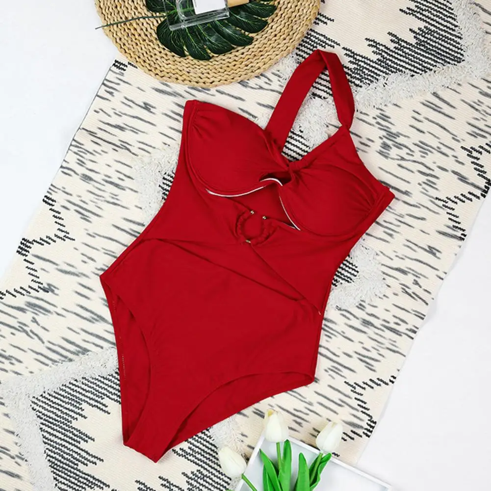 Sexy S-Shaped Figure Hollow Monokini Women One-Piece Swimsuit One Shoulder Padded Steel Support Buckles Swimwear Bathing Suit