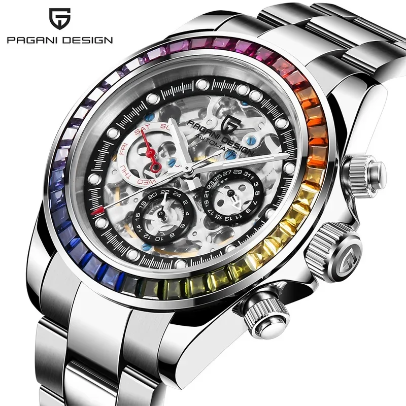 PAGANI DESIGN PD1653 Luxury Mens Quartz Watch Skeleton Dial Rainbow Gemstone Bezel HZ2196G Chronograph Stainless Steel Bracelet