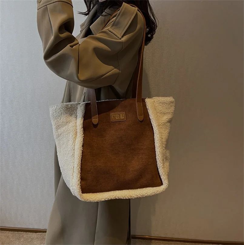 Lamb Wool Bag Shoulder Bag For Women Large Capacity Commuting Crossbody Bag Double-Sided Usable Shopping Bag Tote Bag