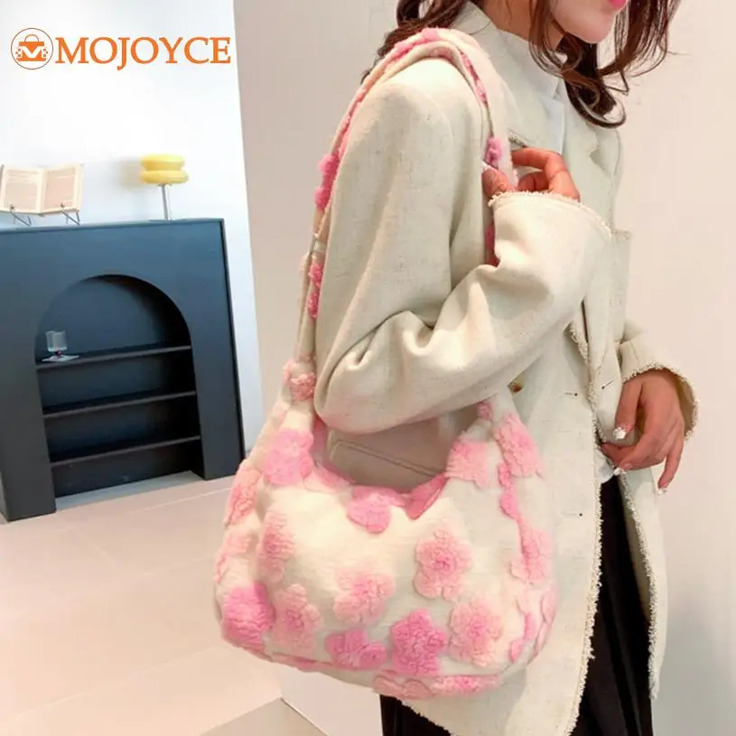 Winter Fluffy Ladies Tote Handbag Flower Print Furry Satchel 2023 Y2K Faux Fur Crossbody Bags Women's Plush Fashion Shoulder Bag