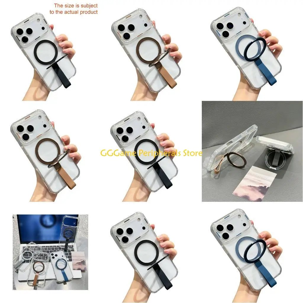 U55B حافظة هاتف بمسند مغناطيسي شفاف للهاتف سلسلة 15/16/17 مع سلك معصم مضاد للسقوط وحبل قابل للفصل