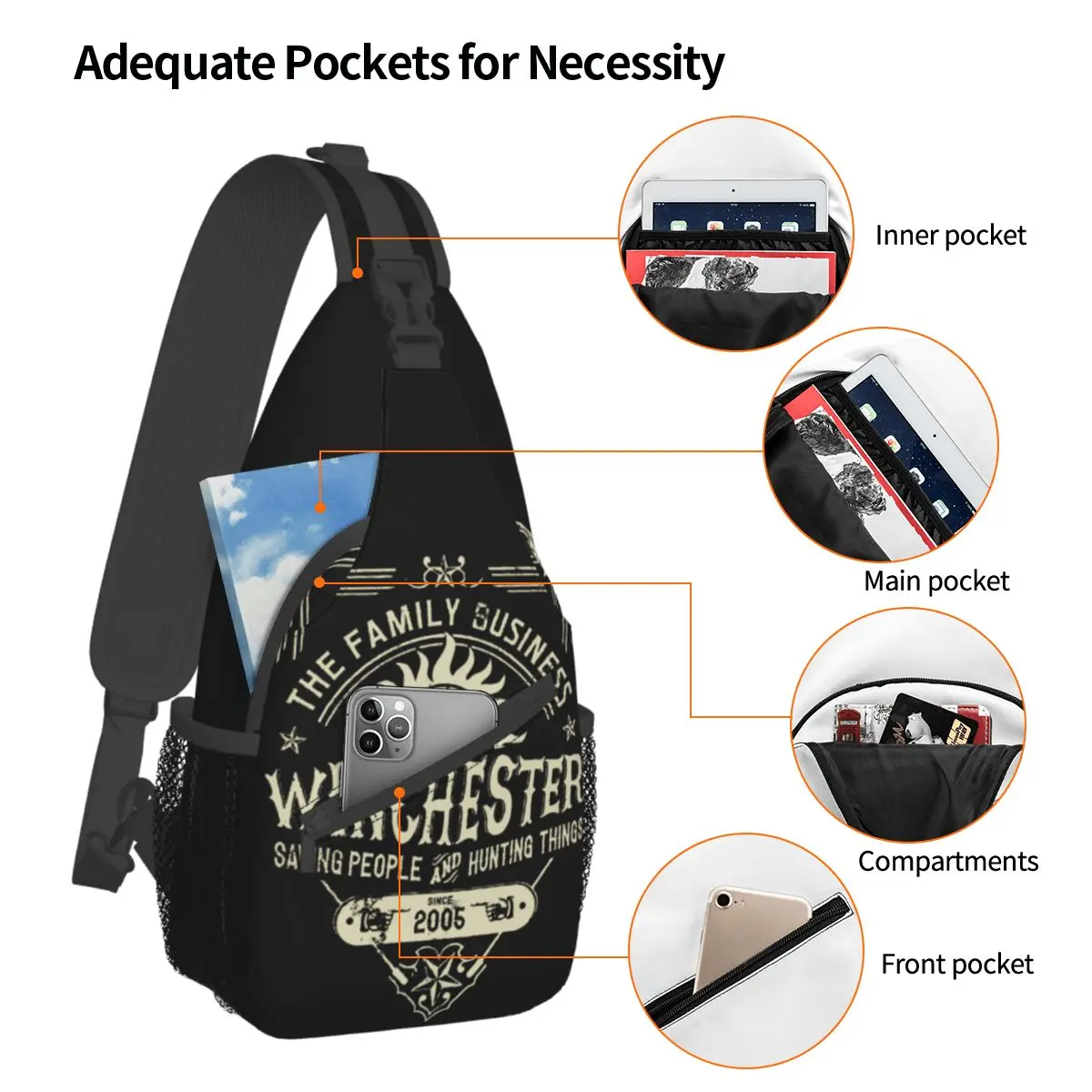 Hip Hop Supernatural Crossbody Sling Bag Small Chest Bag Winchester Shoulder Backpack Daypack for Hiking Travel Camping Bag