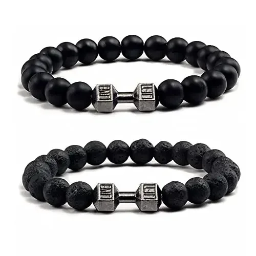 

FRIENDSHIP 2 PCS Dumbbell Bracelet for Man Gym 8mm Lava Natural Stone Stretch Beads Bracelet Dumbbell Weight Bracelet