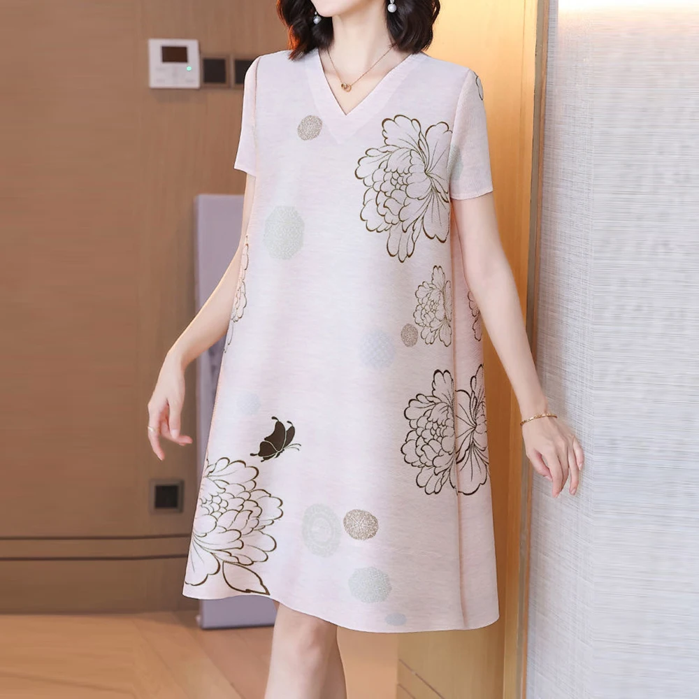 

Printed age-reducing skirt covers the belly and looks thin 2025 new women's women's clothing v-neck thin summer dress