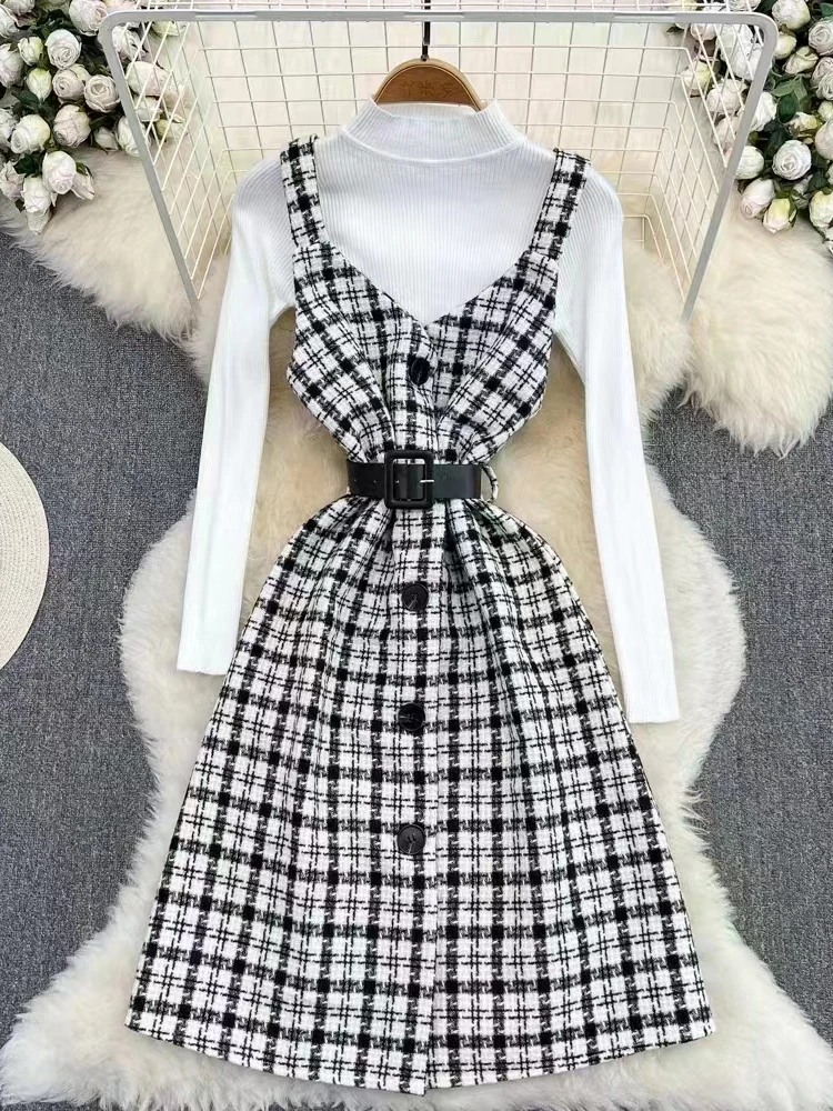 Women Elegant Harajuku Street Style Two-piece Dress Autumn Winter White Knitt Base Shirt Plaid Woolen Suspender Dress for Women