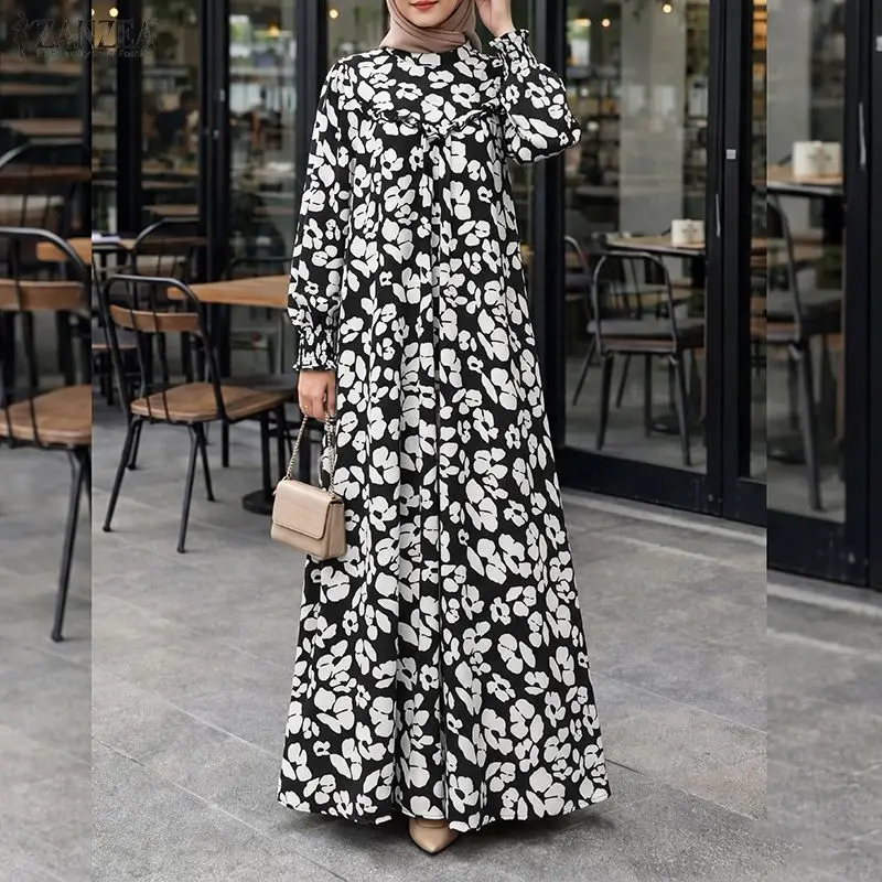

Women's Modest Fashion Muslim Long Dress Floral Print Ruffled Trim Stand Collar Long Sleeve Abaya ZANZEA Islamic Hijabs Robes