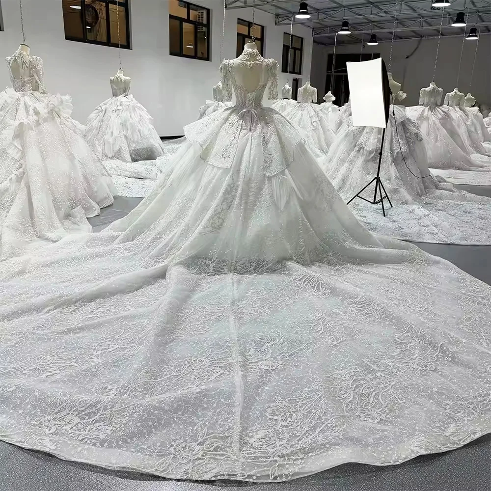 İnyaдебное плаokubе 2025 media manga cuello cuadrado rebordear vestido de bola de cristal vestido de novia vestido de novia largo de encaje con abertura en la espalda