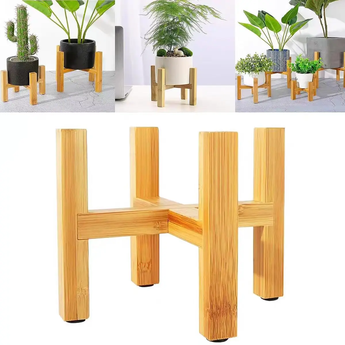 Natural bamboo plant stand, four-legged cross-shaped flower pot support, sturdy indoor and outdoor plant shelf