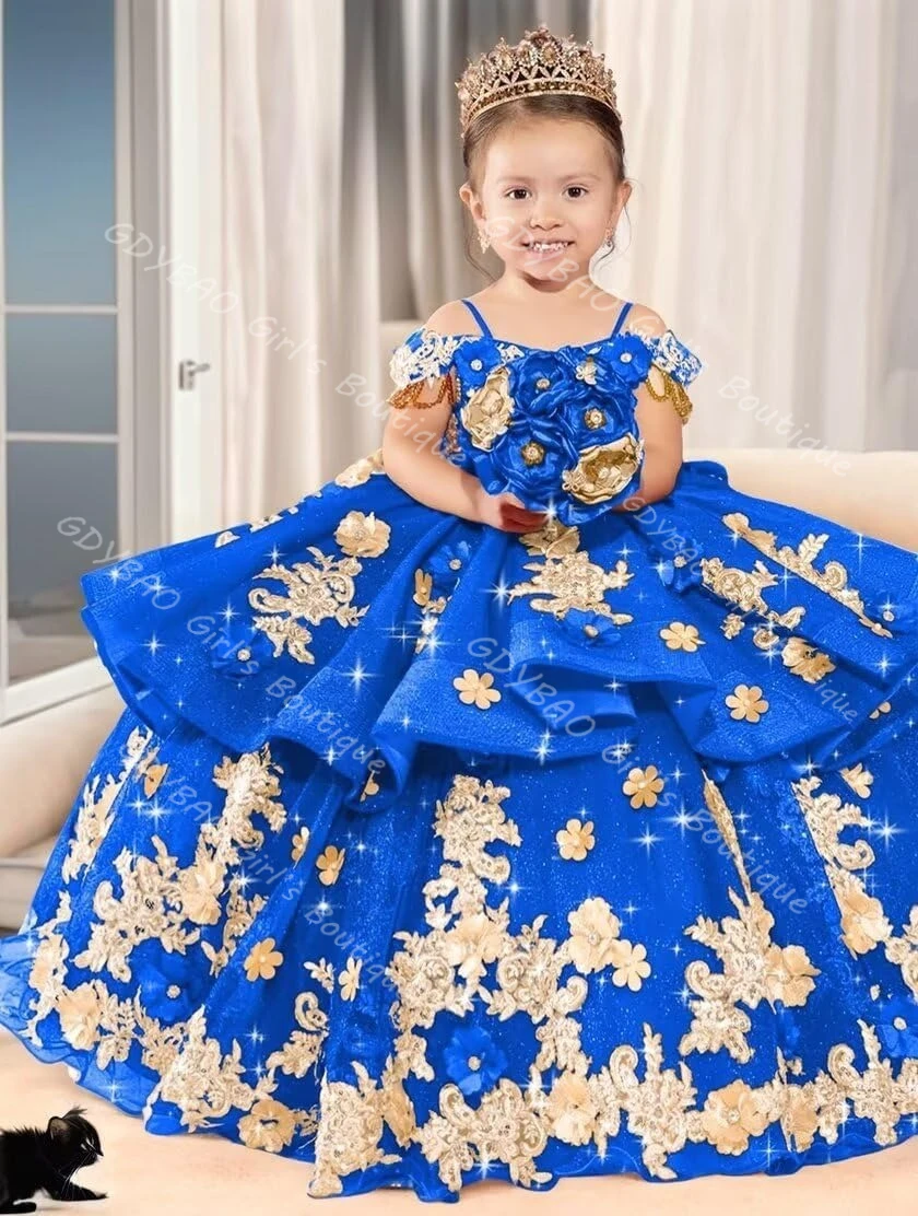 Ball Gown Flower Girl Dress Toddlers Gold Appliqued Tiered Tulle Princess Pageant Dress Drop Shoulder Custom Wedding Party Frock #2
