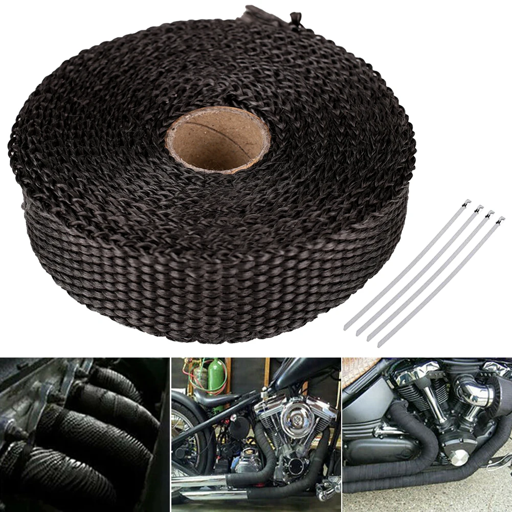 2024 new 5m Roll Fiberglass Exhaust Manifold Joint Pipe Heat-wrapping Tape Black +4 Strap Kit Car And Motorcycle Special Parts