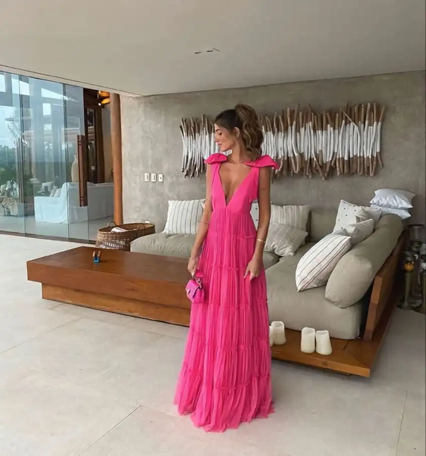 

Simple Double V-Neck Tulle Backless Prom Dress Long Sleeveless Zipper Formal Evening Party Ball Gown Dress Gowns فساتين سهرة