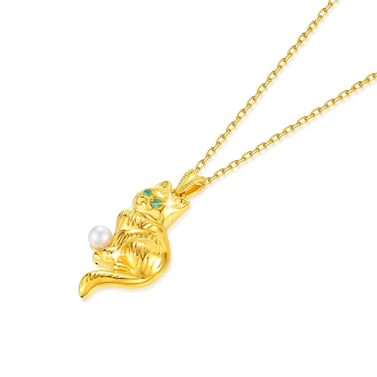 18K Gold Necklace Animal Cat Pendant Round Natural Pearl AU750 Yellow Gold Pendant Women\'s Fine Jewelry Gift With Certificate