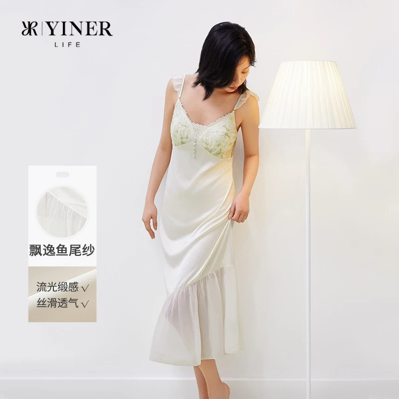 Lace camisole nightgown for women, skin-friendly and breathable home wear, with cups, pajama dress