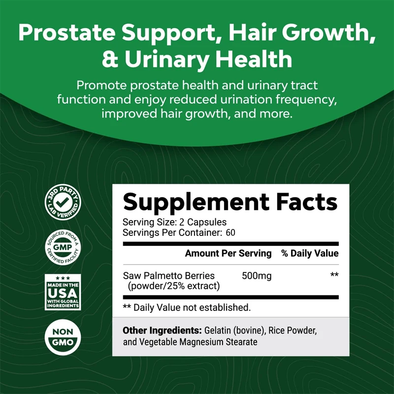 Saw Palmetto Capsules - Help Promote Prostate Health, Relieve Hair Loss & Regulate Hormonal