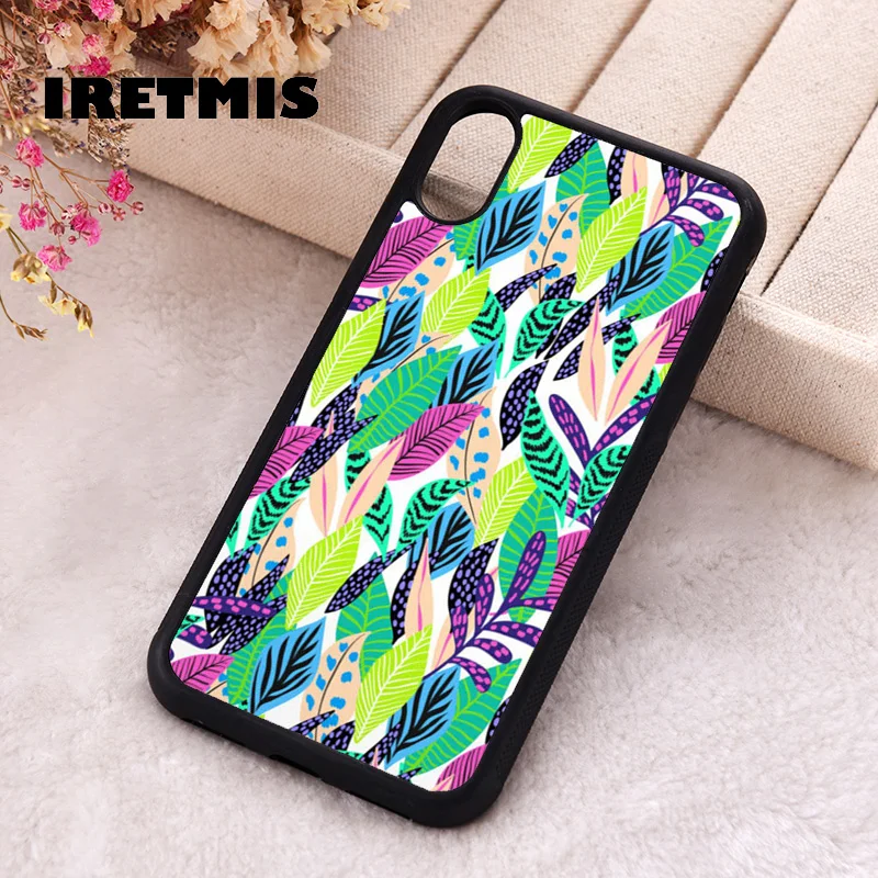 Iretmis Phone Cover Case For iPhone X XS Max XR 11 12 13 PRO MINI 14 15 16 Plus Rubber Silicone Tropical Leaves Pattern