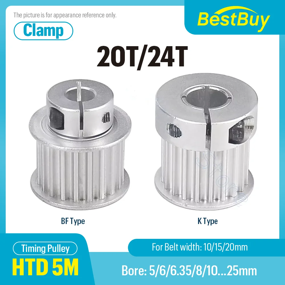 HTD 5M 20T/24Teeth K/BF Clamping Type Synchronous Wheels Bore 5-25mm for Belt Width 10/15/20mm 3D Printer Accessories