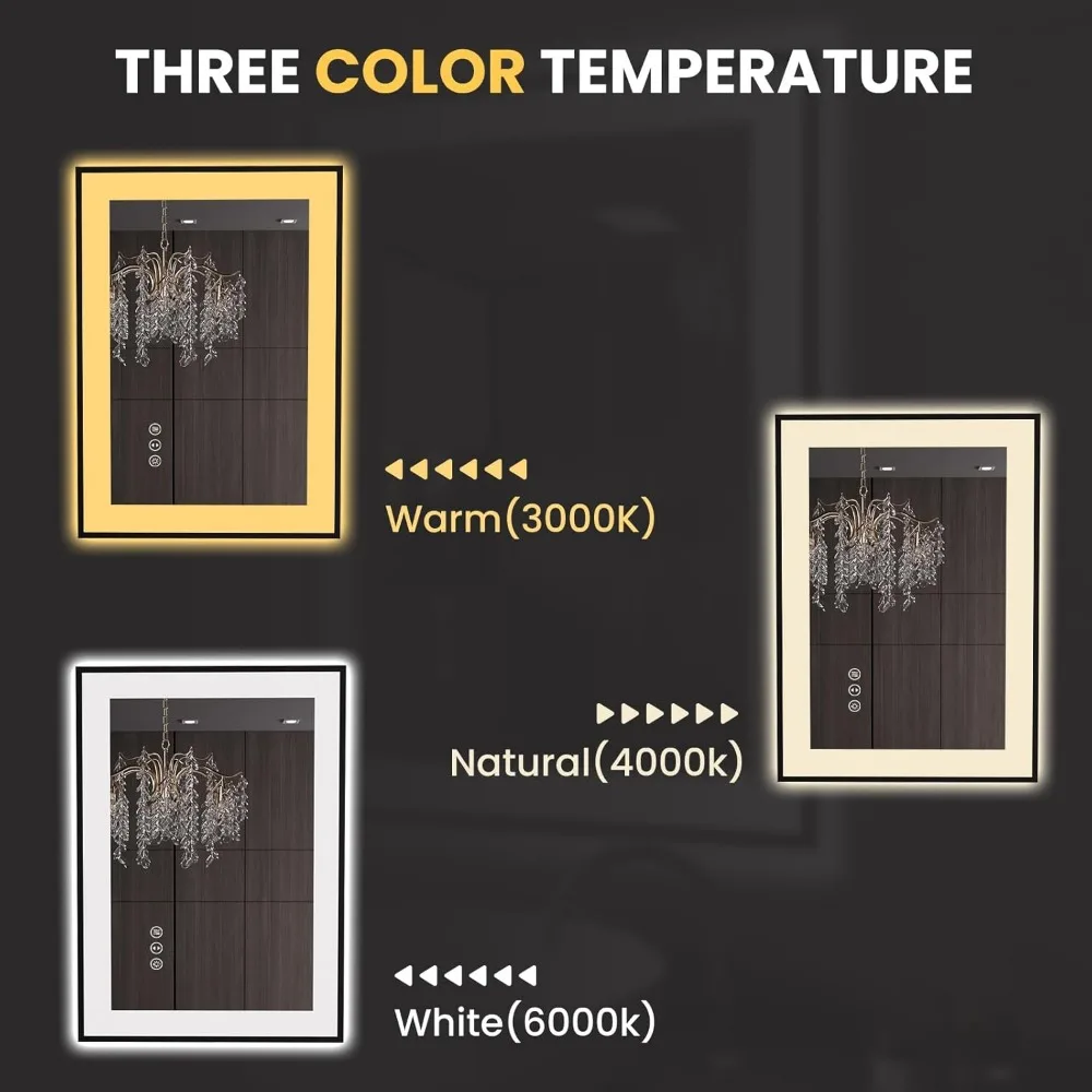 Anti-Fog Dimmable LED Bathroom Mirror with Memory Function, Wall-Mounted Vanity Mirror, Temperature Display, Black Framed 20x28