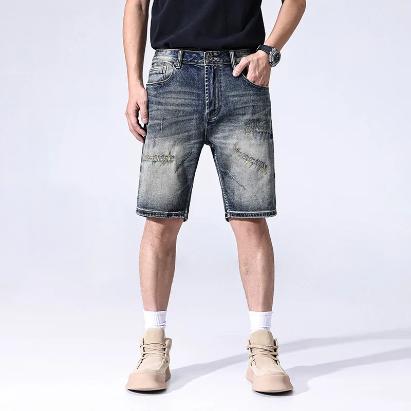 

2025 Summer Minimally Loose Denim Shorts for Men Light Luxury Japanese Youth Nostalgic Denim Shorts ipped jeans for men