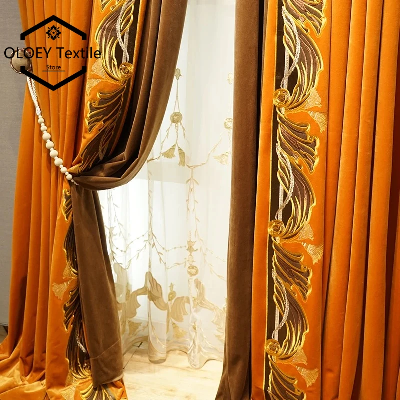 

Orange Embroidered Blackout Curtains High End European American Style Living Room Bedroom Balcony Window Drapes