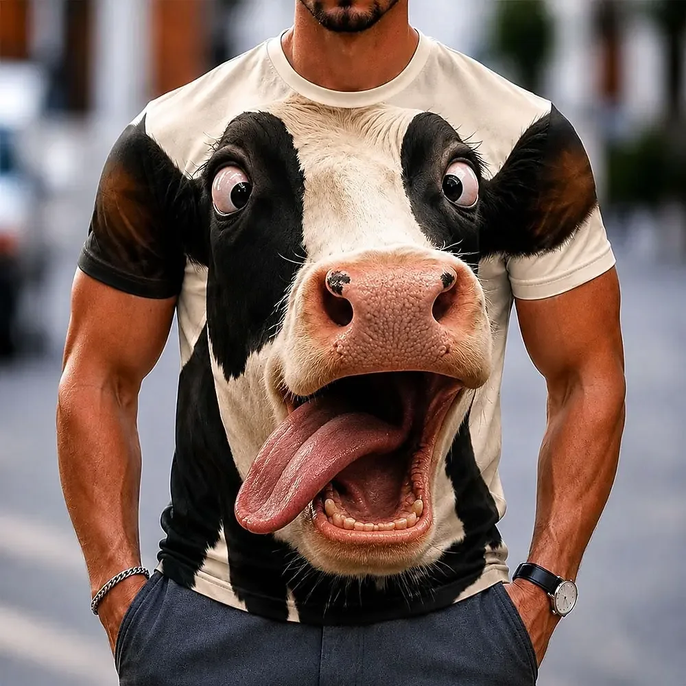 Men's Funny Cow 3D Big Face Print T‑Shirt Realistic & Cartoon Dairy Humor Graphic Crew Neck Short Sleeve Tee Loose Fit Casual