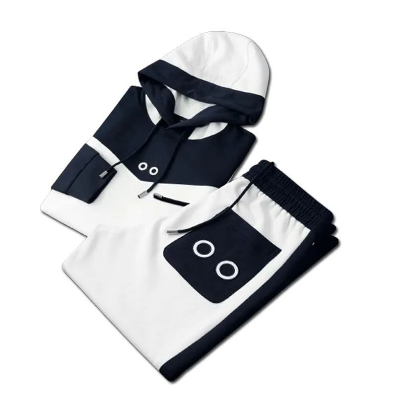 Contrast color splicing hooded sweatshirt suit for men autumn long-sleeved casual sports two-piece thick style