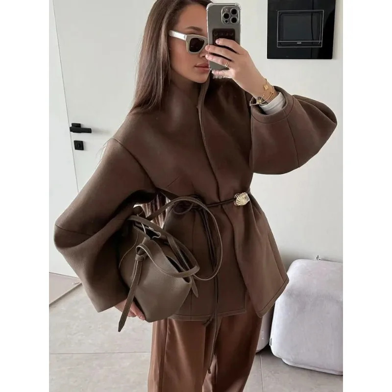 Giacca da strada da donna quotidiana per pendolarismo autunnale Cappotto di lana solido da donna chic Elegante cravatta in vita a maniche lunghe Abito ampio alla moda