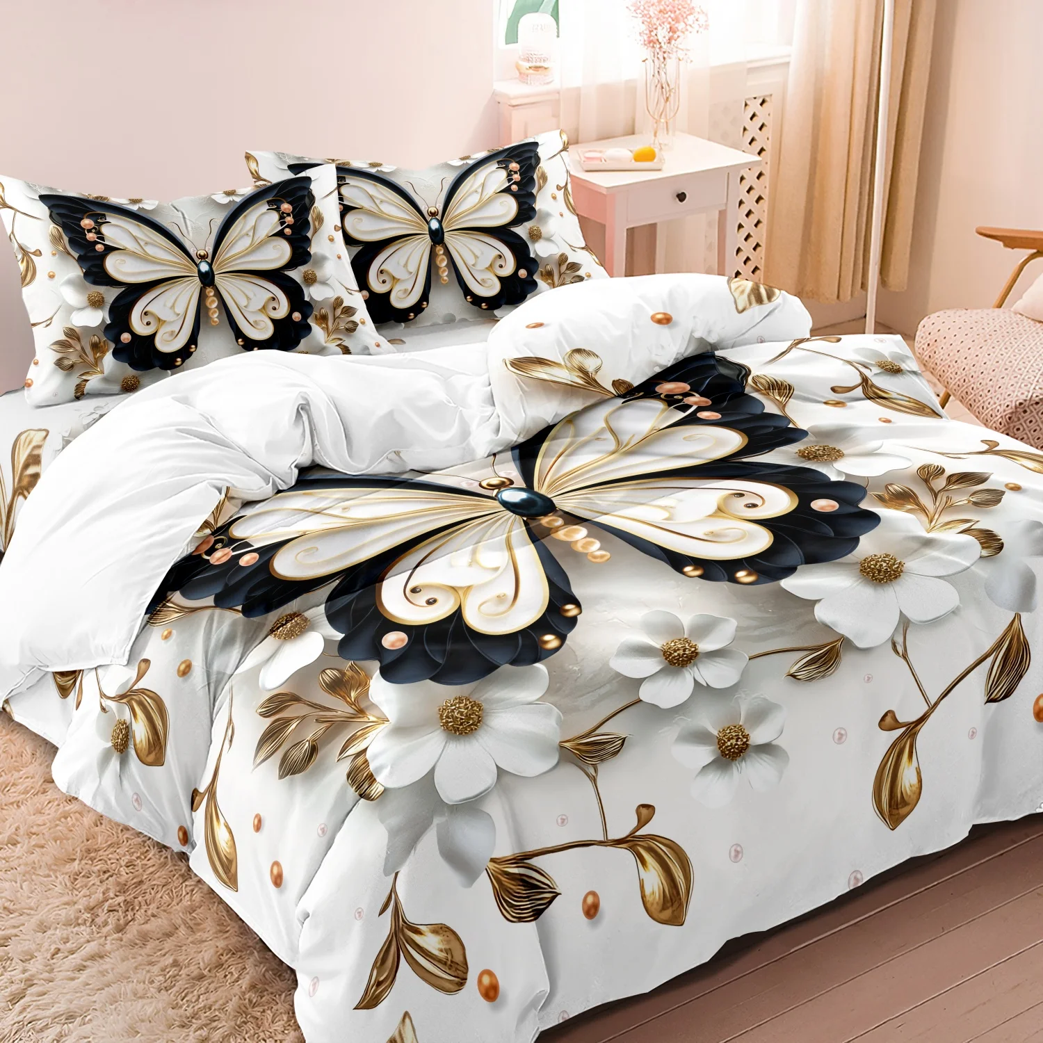 3pcs Butterfly Floral Duvet Cover Set | Animal Print, Insect Theme, Breathable Polyester With Digital Print Craftsmanship