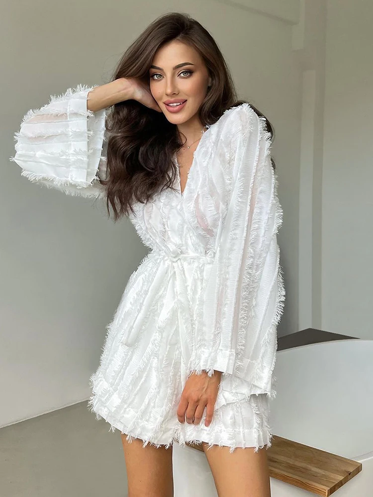 Hiloc White Perspective Pajamas Outfits Women Lace-Up Robes And Shorts Two Pieces Nightgown Shorts 2-Piece Sets Sets Fall Winter