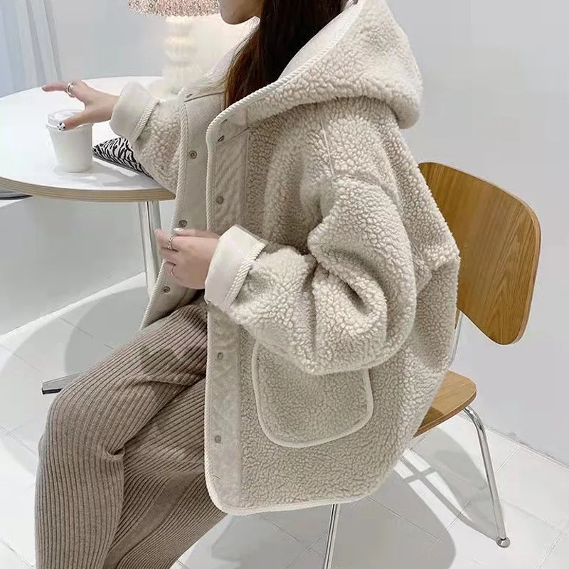 Women Faux Lamb Wool Hooded Loose Cutting Design Warm Plush Fabric Elegant Fashion All-Match Daily Casual Jacket Top