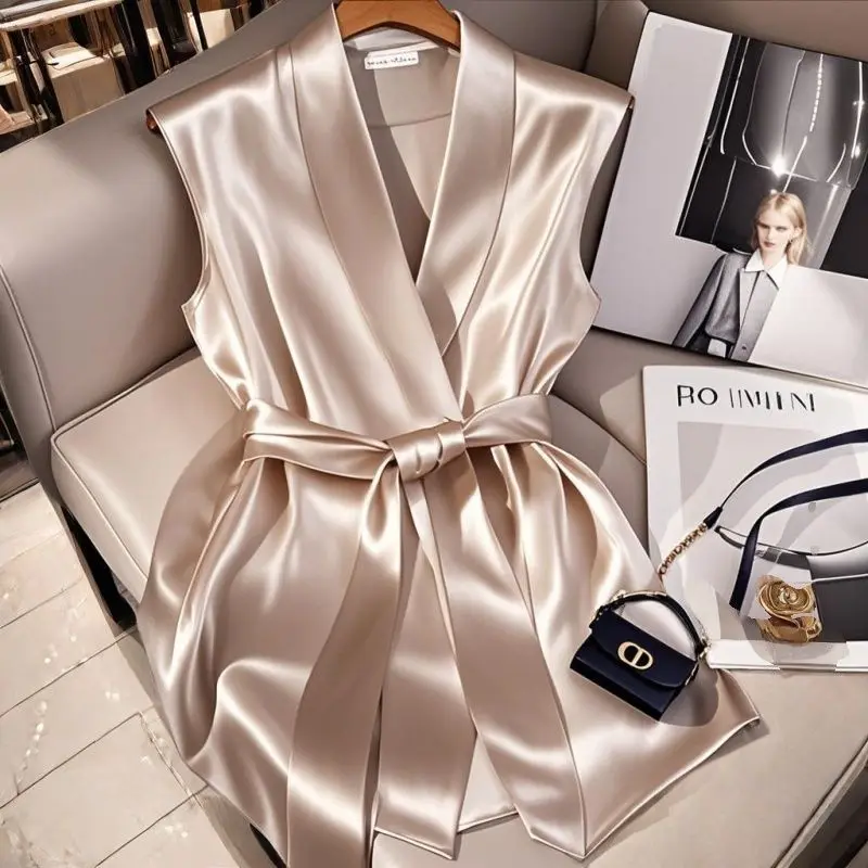 

Летняя рубашка 2025 года, рубашка без рукавов с уксусной кислотой, атласный топ высокого класса, французская женская майка на бретелях