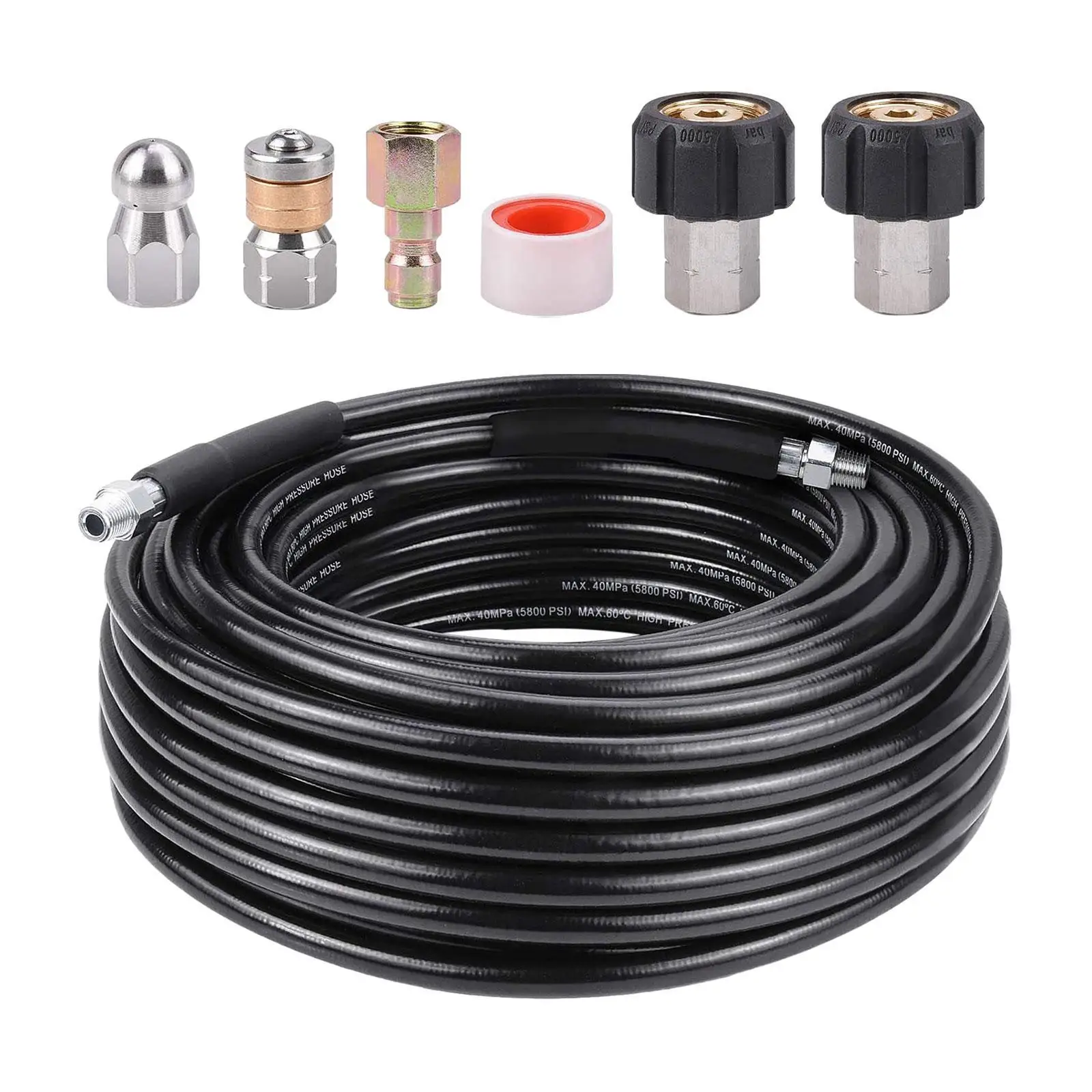 Drain Jetter Nozzles Kit 1/4 Inch NPT High Pressure Hose for Washer with Quick Connect and Waterproof Tape for Toilets