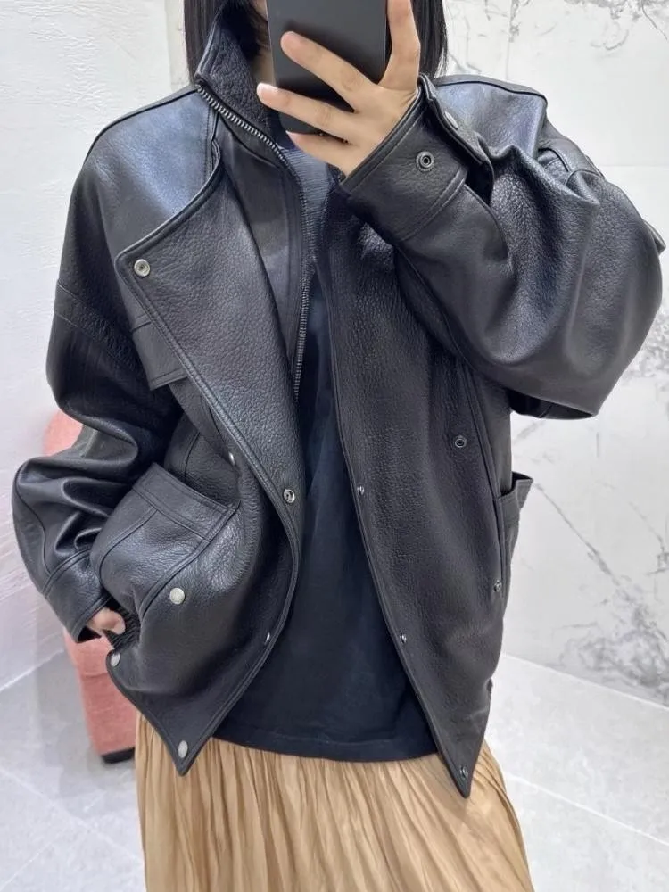 Chaqueta de cuero genuino con cuello levantado para mujer, estilo informal, Color sólido, cremallera holgada, manga larga, ropa de abrigo para motocicleta de piel de oveja