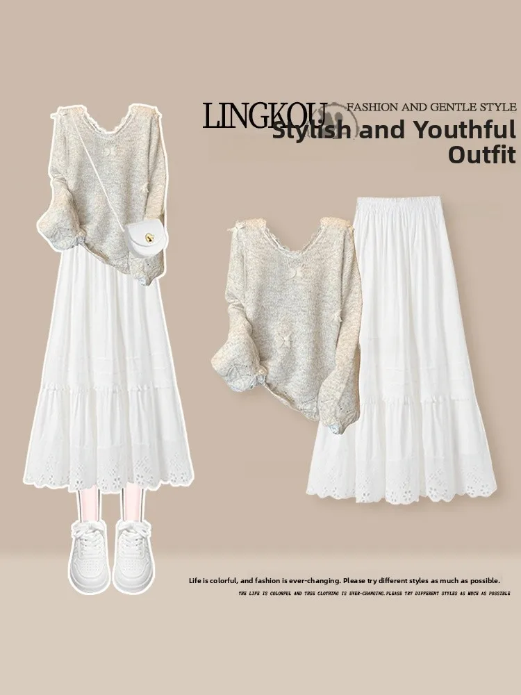 

Casual Knitted Sweater And High Waist Skirt Two-Piece Set for Women Sweet Anti-Aging plus Size Autumn Faion Ensemble