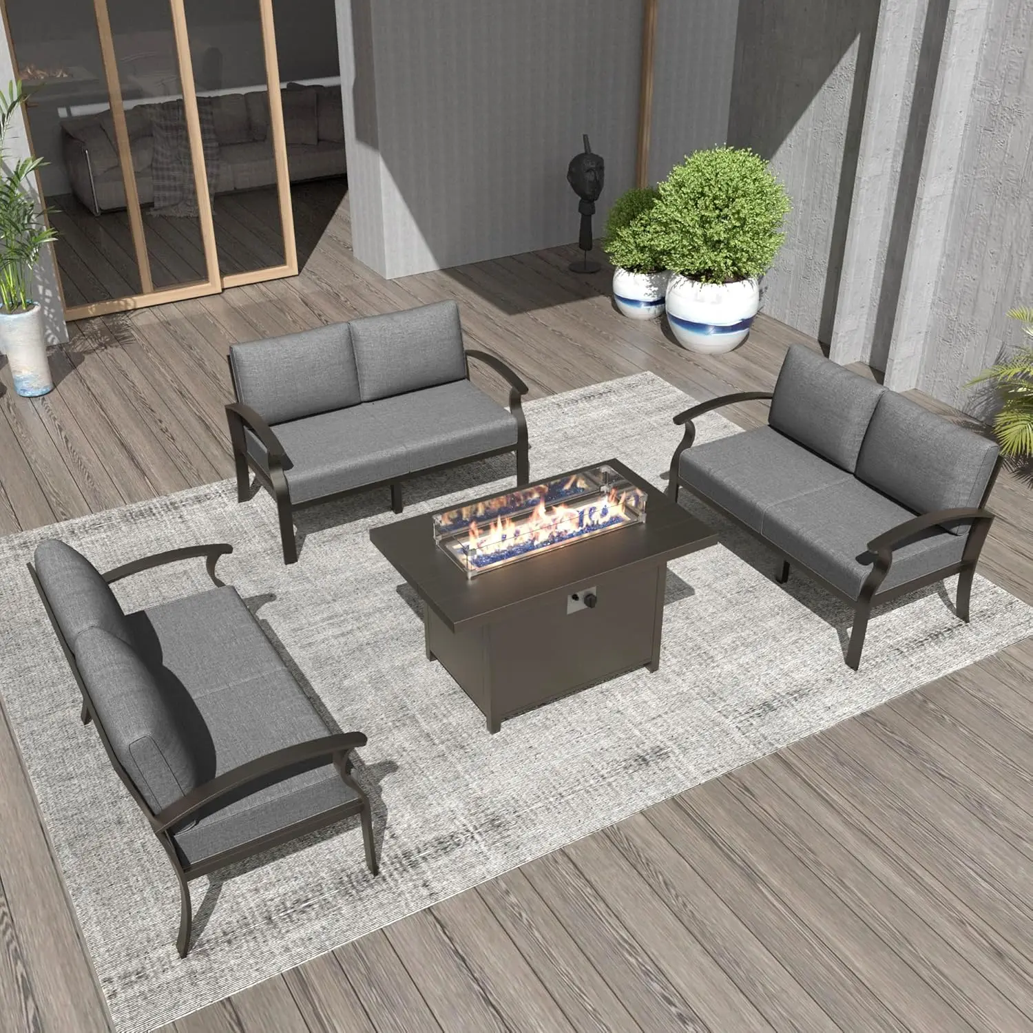 

Aluminum Patio Furniture Set 6-Seat Modern Metal Outdoor Conversation Sets w/45in Propane Fire Pit Table and Loveseat Sofa, Pat