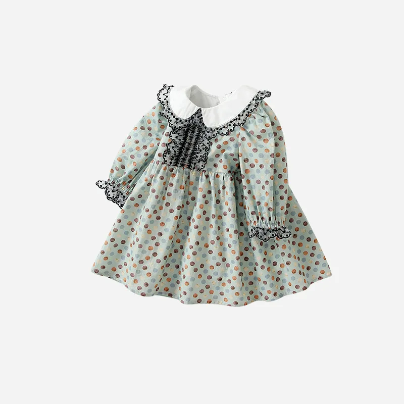 Kids Girl Flower Fashion Dress for Spring Infant Girls Korean Collar Print Dot Dresses Children Clothes Outfit Toddlers Vacation