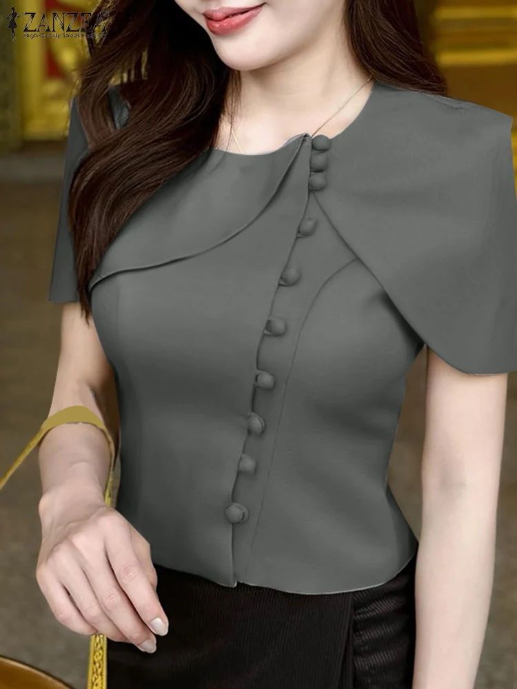 ZANZEA Elegant Office Lady เสื้อผู้หญิงผ้าคลุมไหล่สไตล์ 2025 แฟชั่น O-คอสีทึบเสื้อแขนสั้นสบายๆฤดูร้อน Blusas
