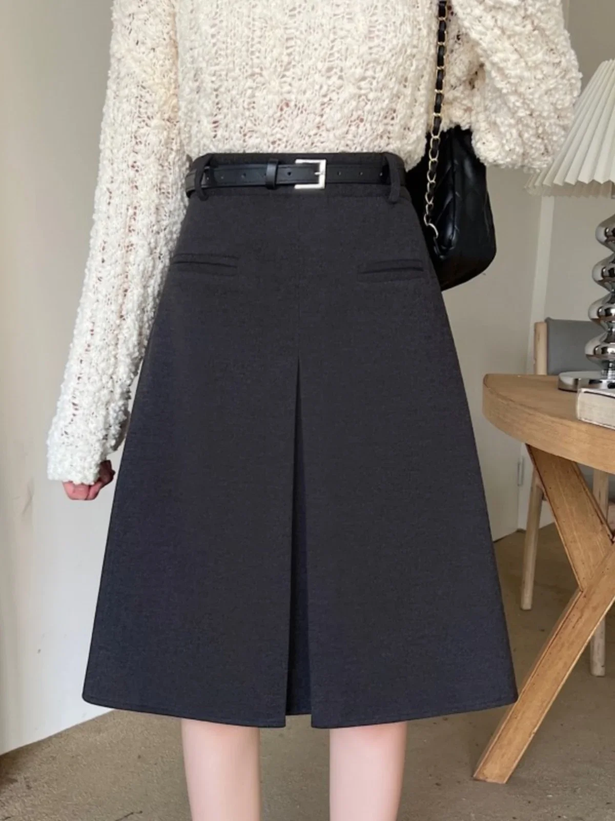 Gray Skirt Autumn and Winter Woolen Midi Pleated Skirt Chubby Girl Slimming A- Line Skirt Long Pear-Shaped Figure ZL814