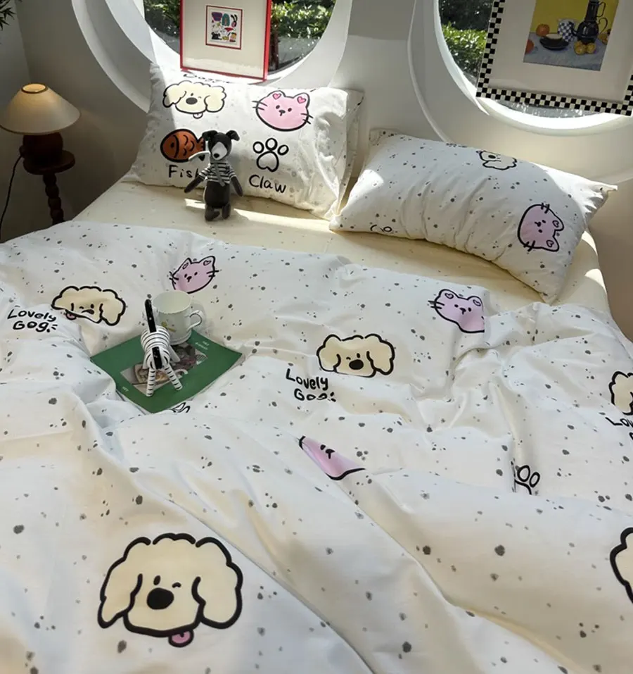 

Cute cartoon cat dog bedding set single double teen,twin full queen lovely cotton home textile bed sheet pillow case quilt cover