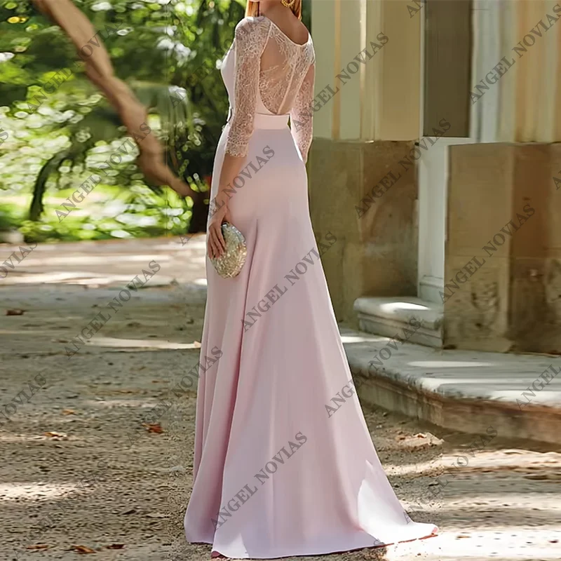 Customized Long Pink Mother of the Bride Dress Elegant Scoop wedding guest dresses with Lace Split Front evening Party 2024