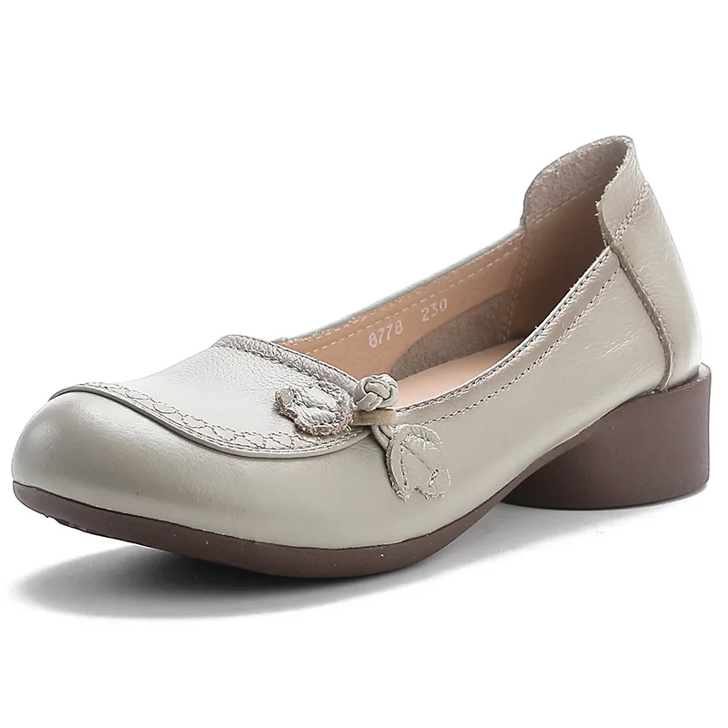 Mocasines de piel de vaca de estilo Retro para mujer, mocasines hechos a mano con flores, suela suave, cómodos, elegantes, tacones gruesos, poco profundos, verano