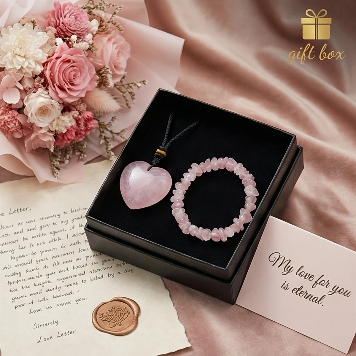 Natural Rose Quartz Heart Pendant Necklace Bracelet Jewelry Set Healing Crystal Gift Box For Women Valentine Anniversary Gift