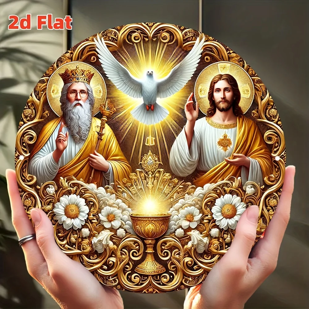 Holy Trinity Father Son Holy Spirit Dove Chalice Floral Tin Sign - Vintage Durable Metal Plaque Wall Decor, Religious Christian
