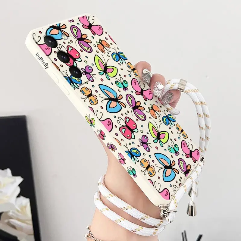 Charm Butterfly Crossbody Lanyard Silicone Phone Case For Samsung Galaxy S23 S22 S21 S10 S9 S8 Plus Note 20 ultra 10 Plus Cover