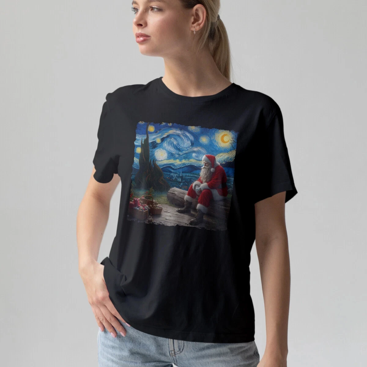 2026 New Starry Night Santa T-Shirt Christmas Van Gogh Style Xmas Tee