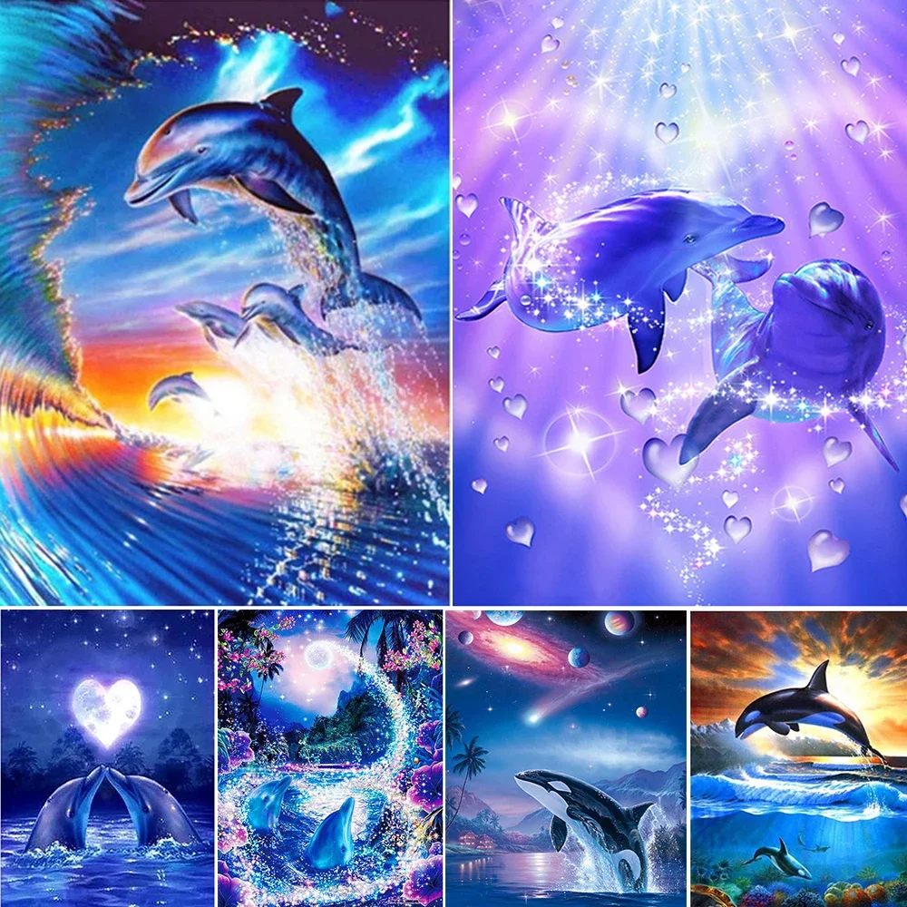 

Romantic 5D DIY Diamond Painting Couple Dolphin Full Round Diamond Mosaic Animal Rhinestone Pictures Embroidery Kit Home Decors