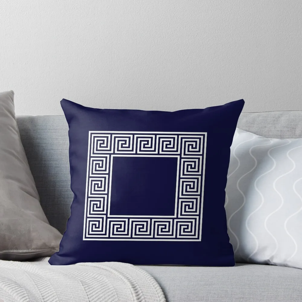 Navy Blue Greek Key Meander Square Throw Pillow anime girl pillow