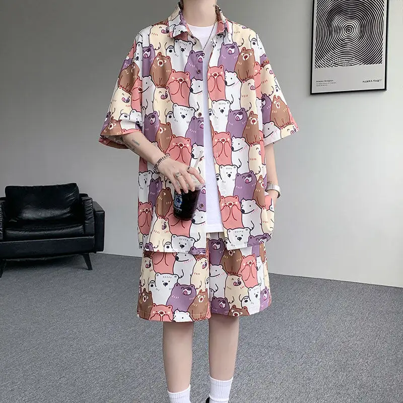 Men's Summer Tropical Beach Print Shirt And Shorts Set Quick-Dry Comfortable Hawaiian Style Vacation Outfit Swimwear Cover up